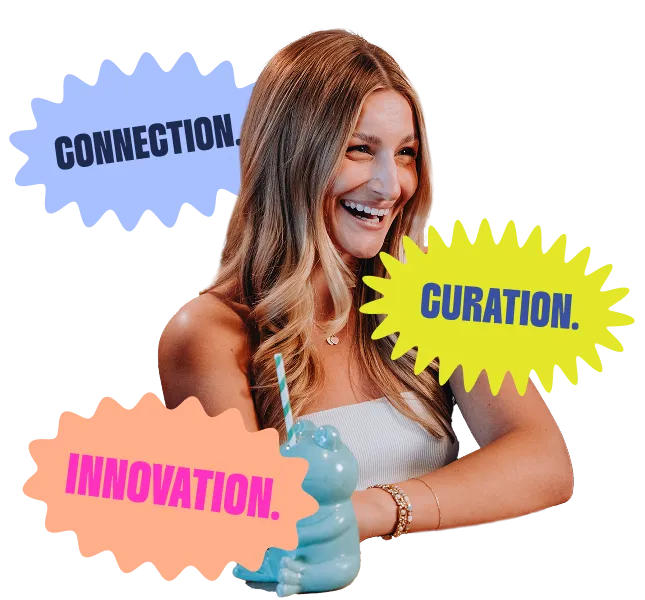 A guest laughing at House Rules, surrounded by the words connection, curation and innovation